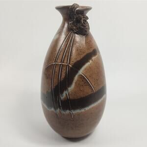 Ceramic Vase Mid Century Glazed Stoneware Sculpted Accents Artist Signed